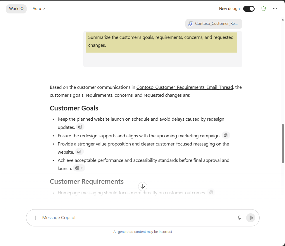 Screenshot of Copilot summarizing customer requirements.