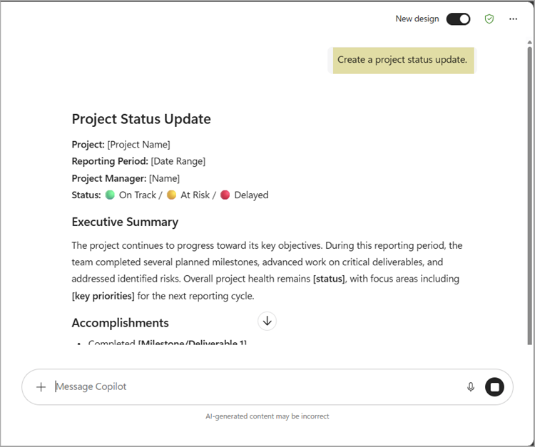 Screenshot of a generic Copilot project status update.