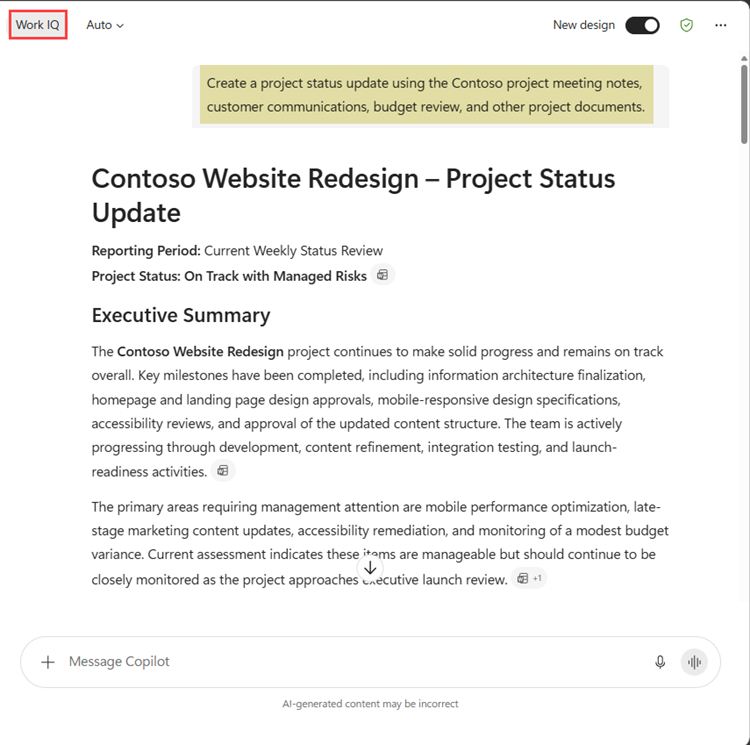 Screenshot of a Copilot project status update grounded in relevant information.