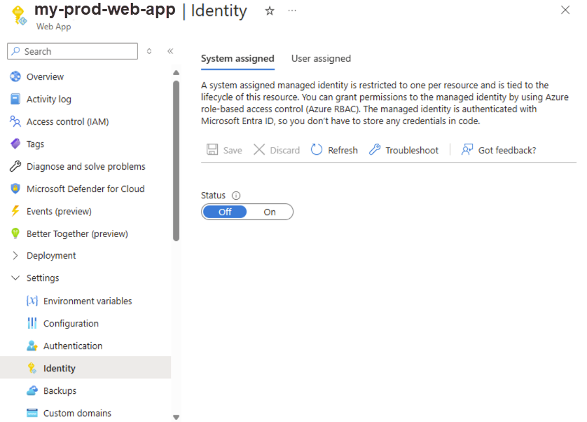 Screenshot showing the system-assigned managed identity option for a Web App in Azure portal.