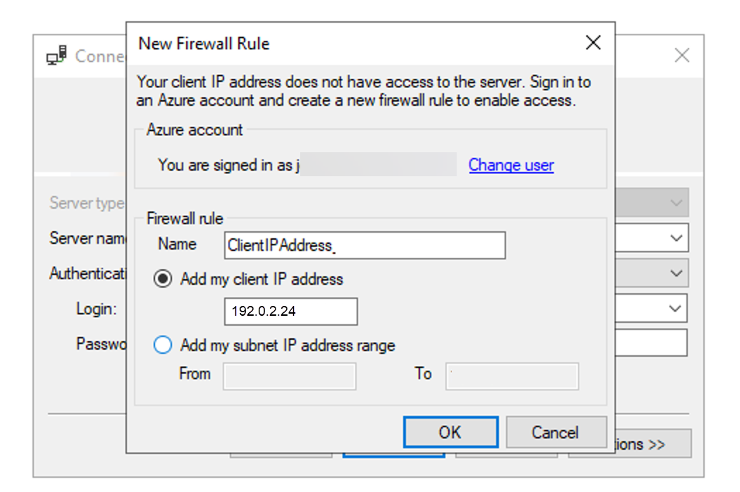 Screenshot of the New Firewall Rule dialog in SQL Server Management Studio.
