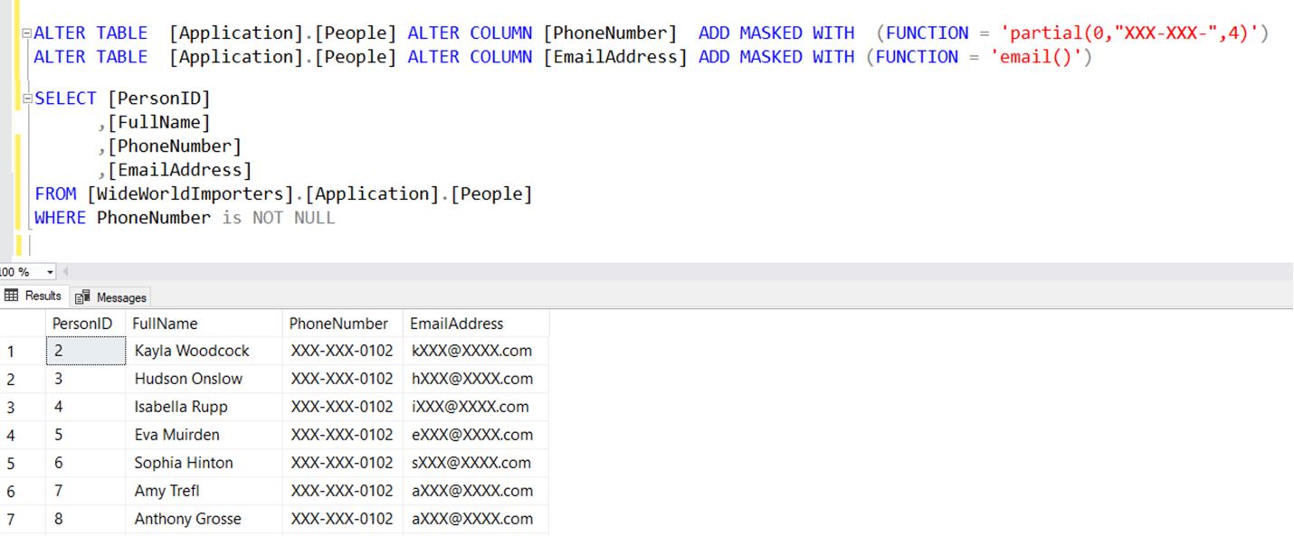 Screenshot showing the dynamic data masking T-SQL commands in SQL Server Management Studio.