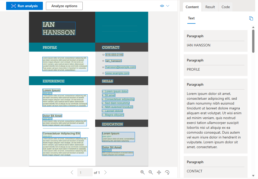 Screenshot showing Document Intelligence analyzing a sample document with extracted fields and bounding boxes.