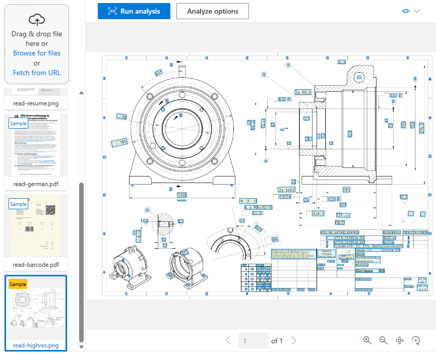 Screenshot showing the read model analyzing a sample document in the Document Intelligence Studio.