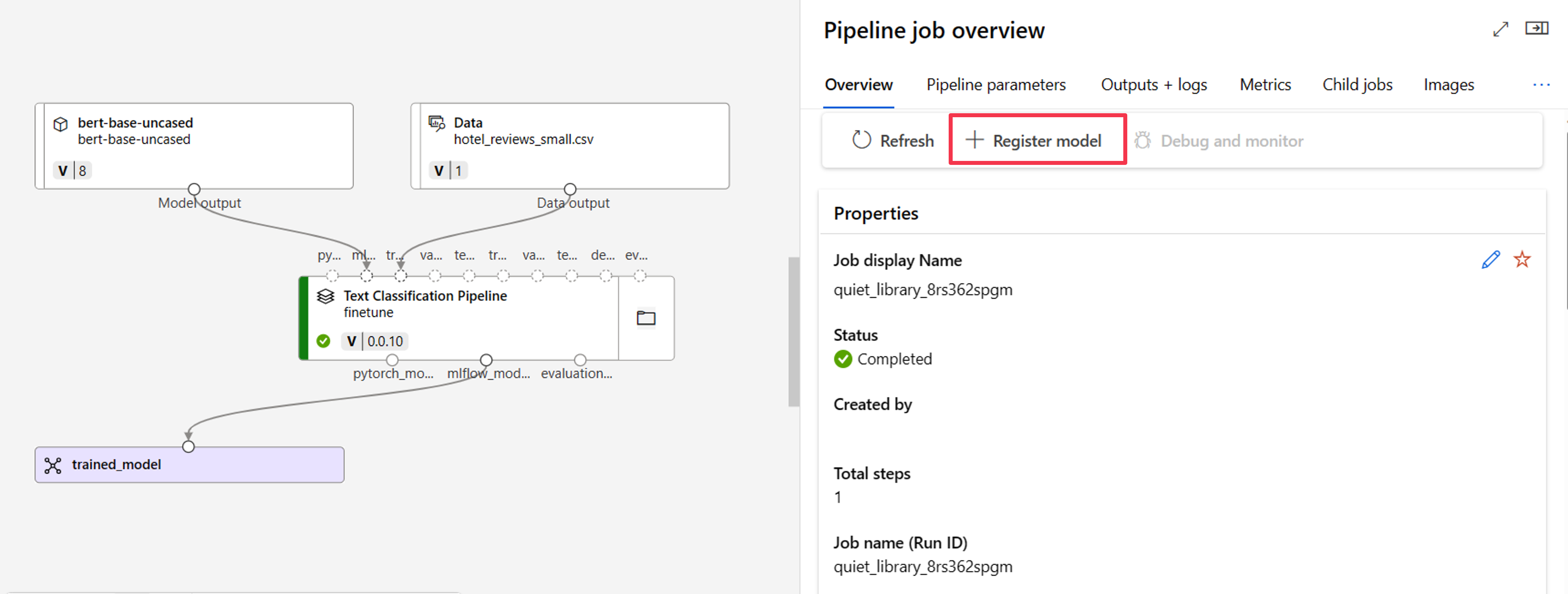Screenshot of pipeline job overview with register model feature.