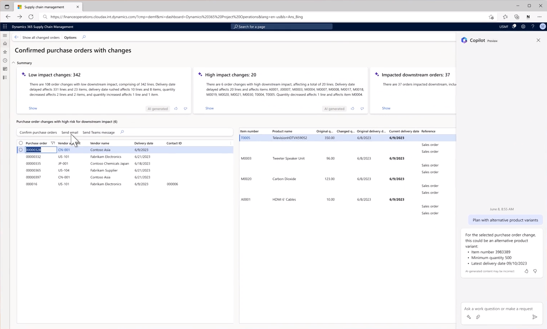 Screenshot of Copilot for Dynamics 365 Supply Chain.