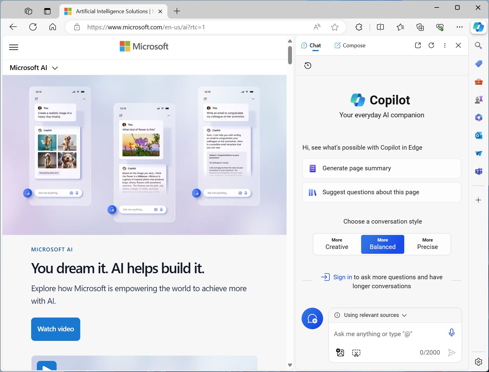 Screenshot of Microsoft Copilot integrated into the Edge web browser.