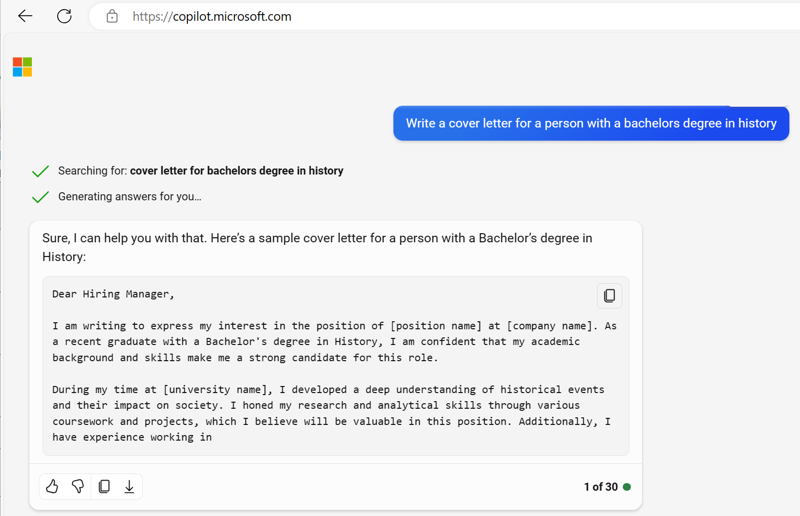 Screenshot of Microsoft Copilot result for a prompt 'write a cover letter for a person with a bachelors degree in history'.