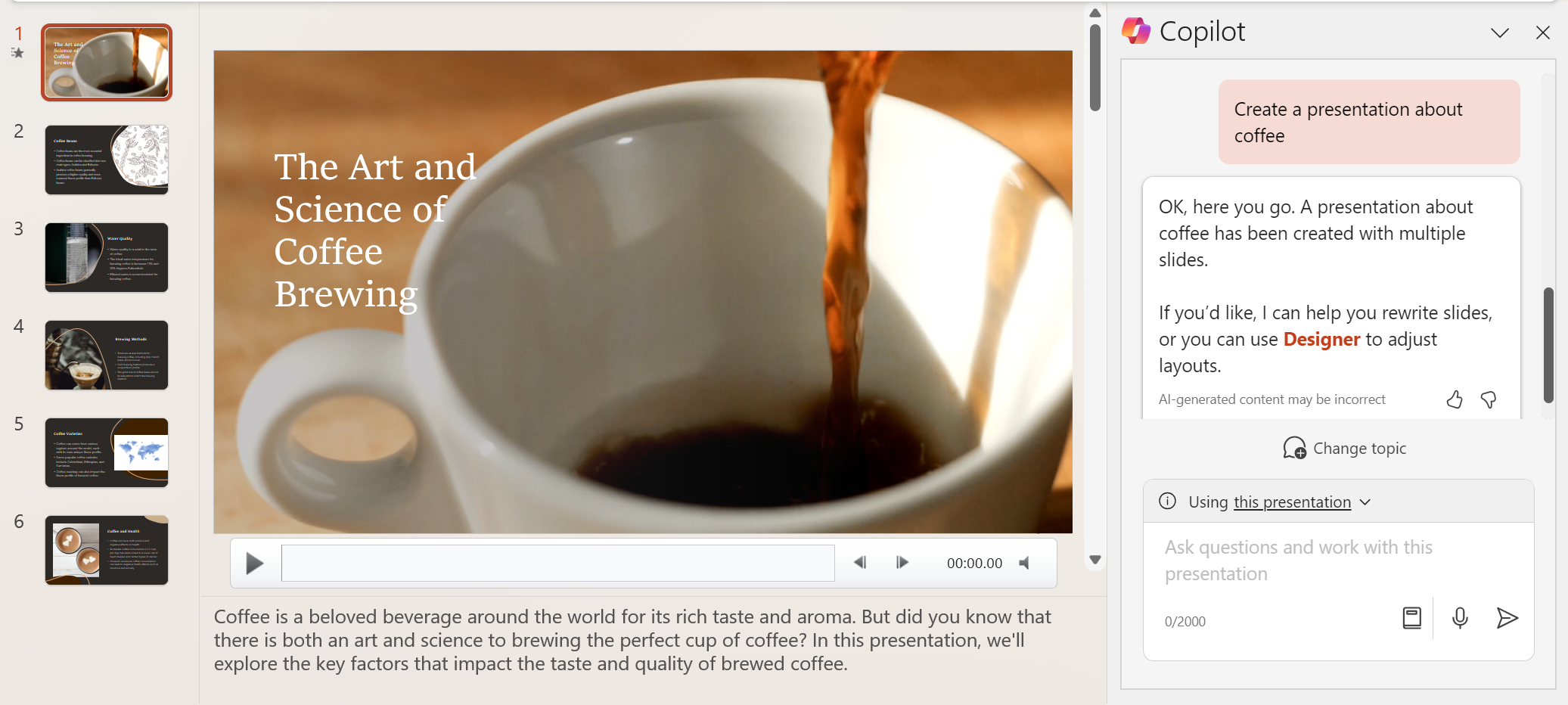 Screenshot of result of Microsoft Copilot for Microsoft 365 in PowerPoint after asking Copilot to build a presentation about coffee. The slides now show content about coffee.