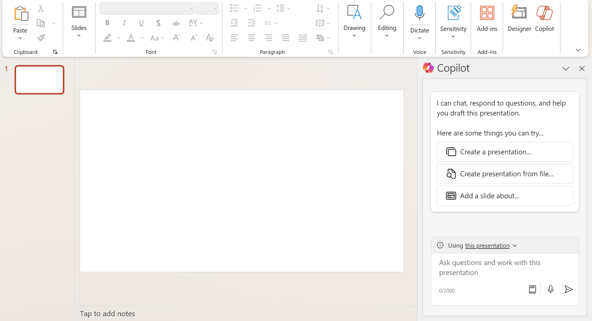 Screenshot of Microsoft Copilot for Microsoft 365 in PowerPoint with a blank slide.