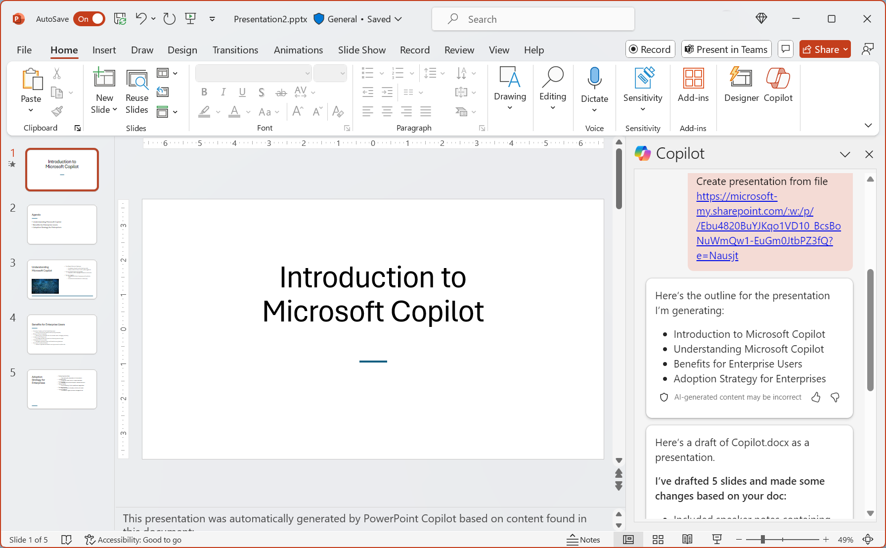 Screenshot of Microsoft Copilot for Microsoft 365 with an example in PowerPoint.