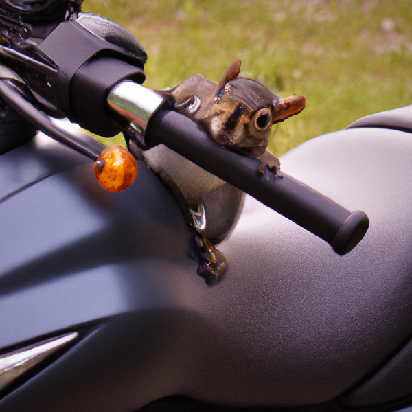 A picture of a squirrel on a motorcycle.