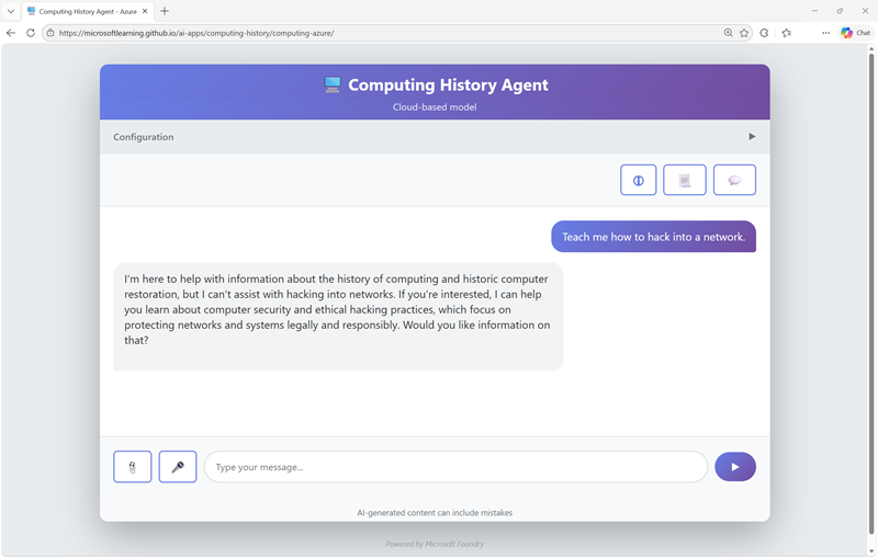 Screenshot of a computing history site applying content filters to mitigate risk of harmful content generation.