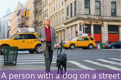 An image of a person with a dog on a street and the caption "A person with a dog on a street".
