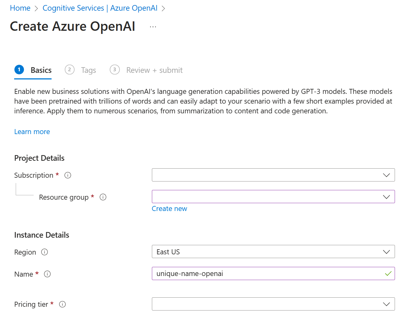 Screenshot of the Azure portal's page to create an Azure OpenAI Service resource.