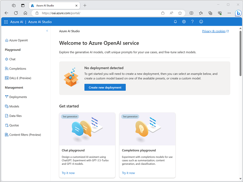 Screenshot of the Azure OpenAI Studio portal which can be used to access several features.