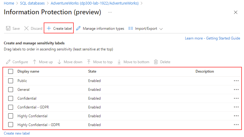 Screenshot of the Information Protection page from Azure portal.