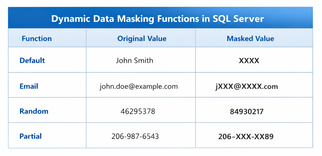 Table showing the four Dynamic Data Masking functions with before and after comparisons: Default shows XXXX, Email shows jXXX@XXXX.com, Random shows random numbers, and Partial shows 206-XXX-XX89.