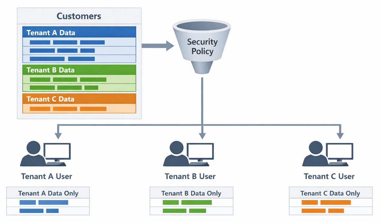 Diagram showing Row-Level Security in a multitenant database where three users query the same Customers table but each sees only their tenant's rows, filtered by a Security Policy component.