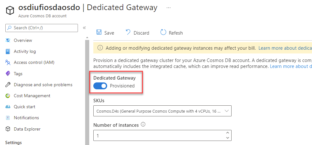 Dedicated Gateway configuration options for SKU and number of nodes