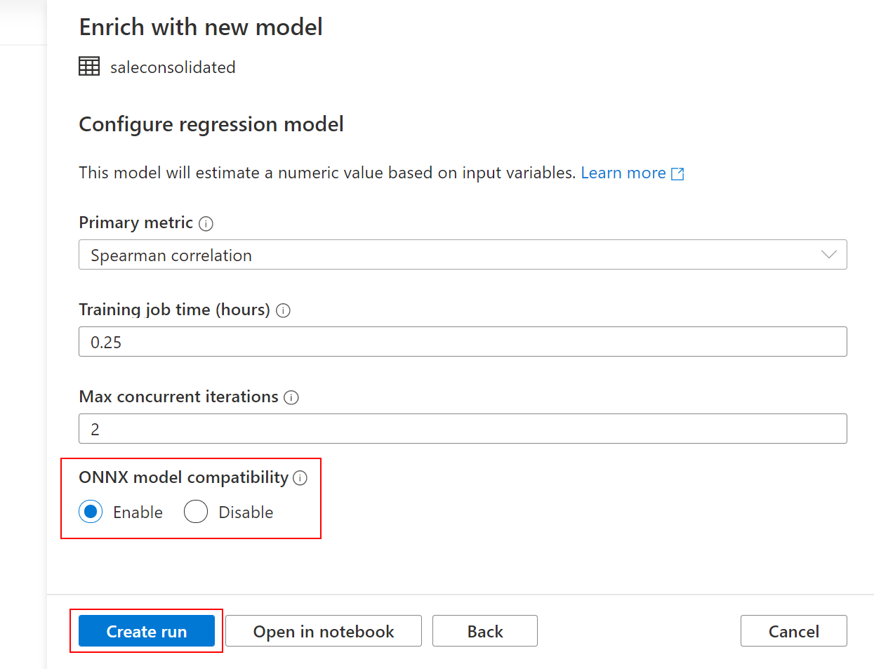 Enrich with new model dialog is open. ONNX model compatibility is enabled.