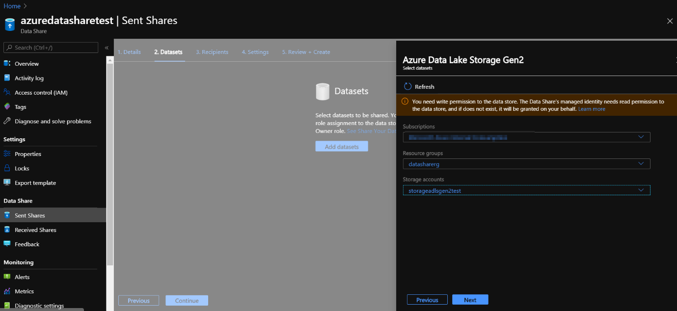 Azure Data Share add Azure Data Lake Storage Gen2