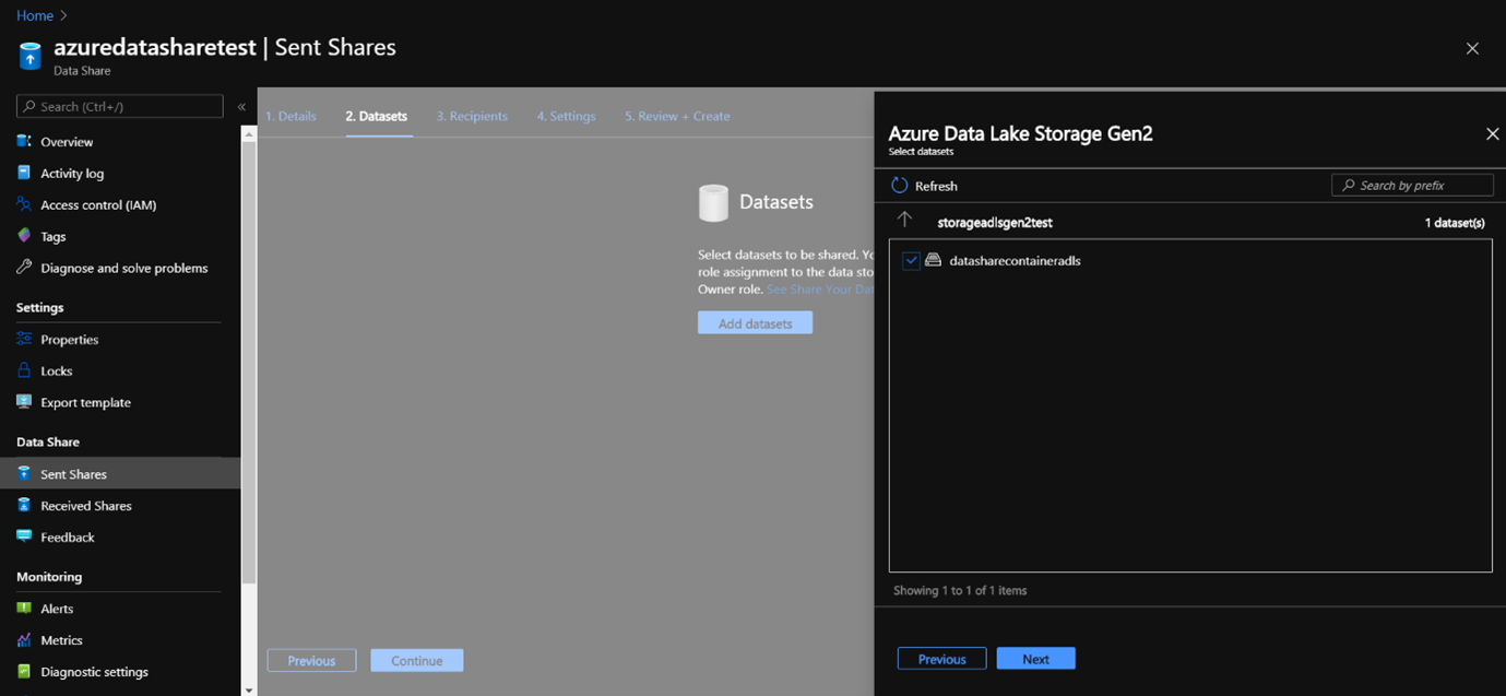 Azure Data Share select container in Azure Data Lake Storage Gen2
