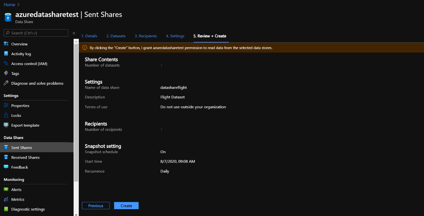Azure Data Share Dataset Share Review and Create 