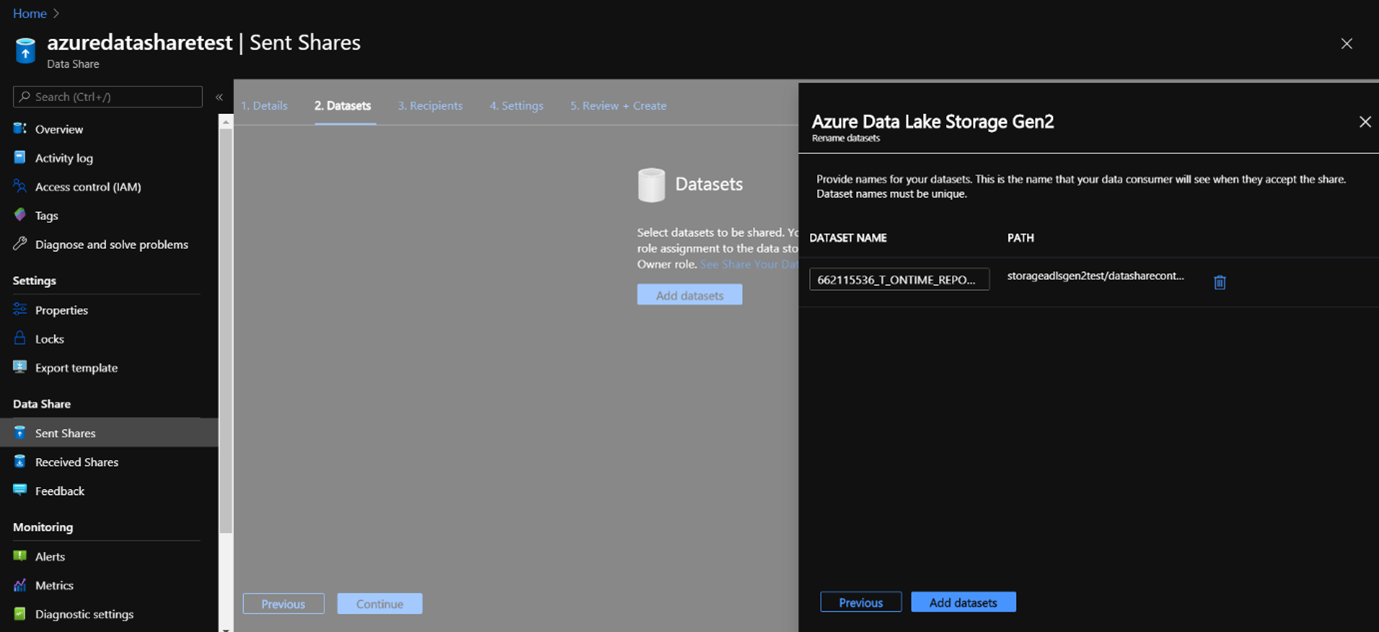 Azure Data Share Specification File in Azure Data Lake Storage Gen2