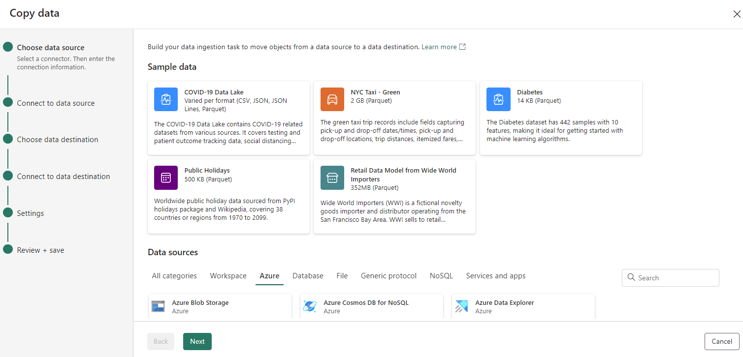 Screenshot showing the copy data assistant.