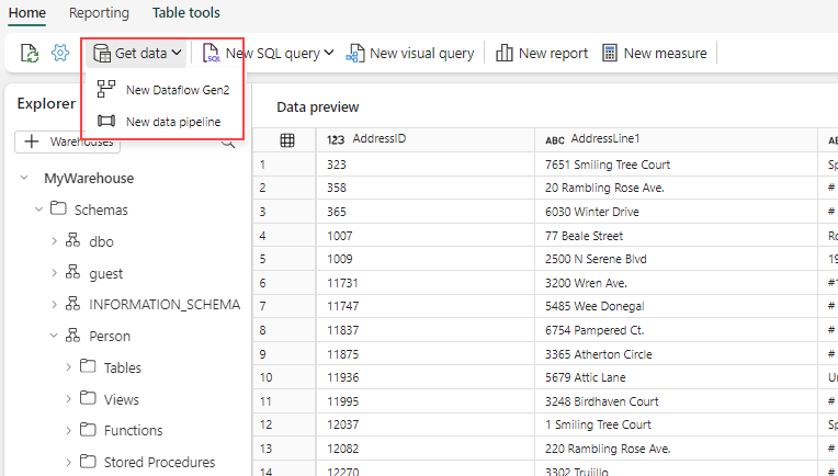 Screenshot showing the shortcuts for a few features in the Warehouse asset.