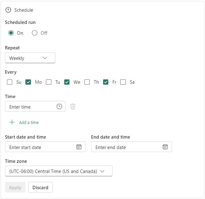 Screenshot showing the configuration properties when you schedule a data pipeline.