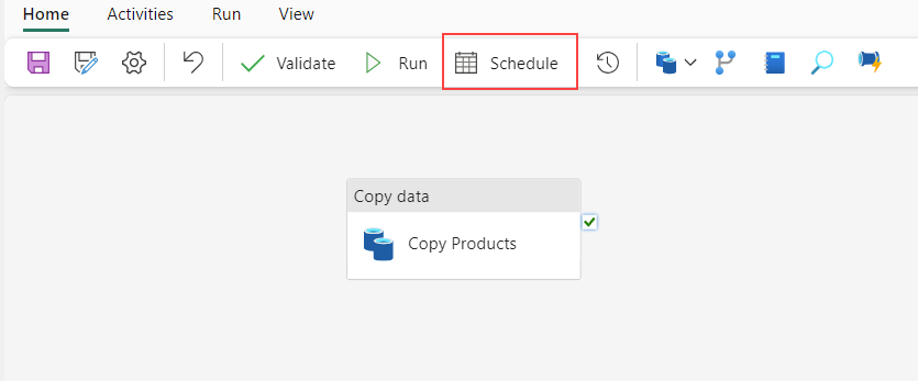 Screenshot showing where to schedule a data pipeline from the pipeline designer.