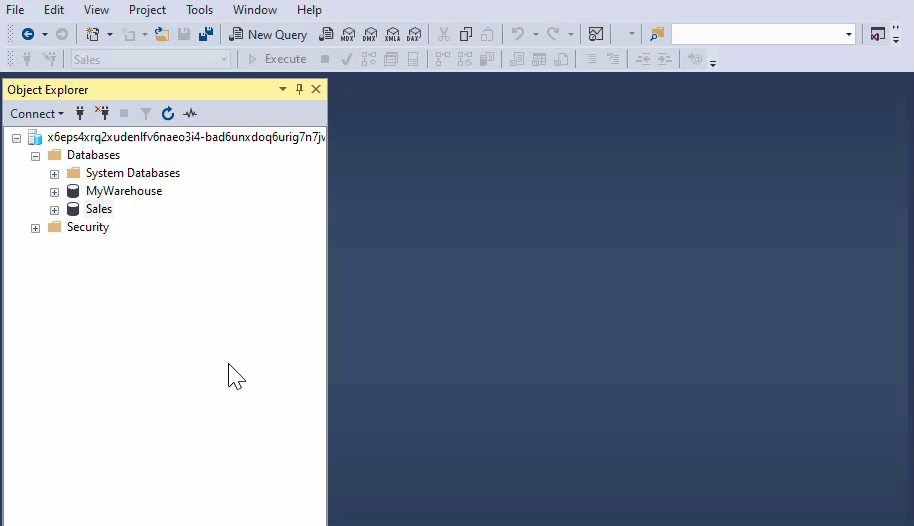 Animated GIF showing how to reference other Warehouses in a workspace from SQL Server Management Studio.