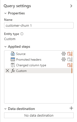 Screenshot showing the option to add a data destination in a dataflow.