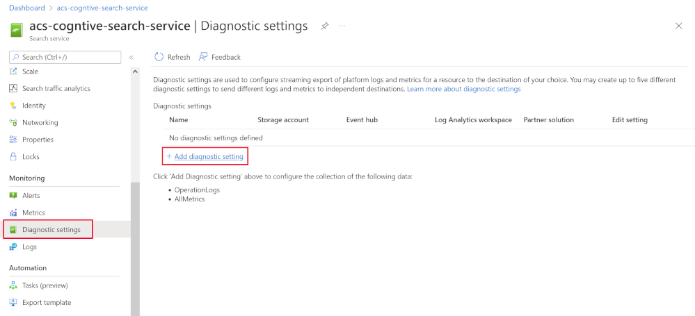 Screenshot showing how to add diagnostics to an Azure AI Search service.