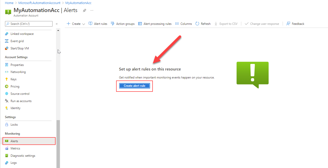 Screenshot of the Create alert rule option for Azure Automation.