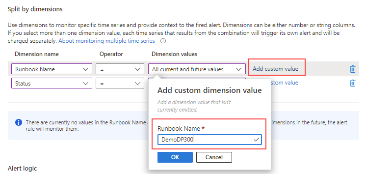 Screenshot of how to add a custom dimension for an alert logic on Azure Automation.