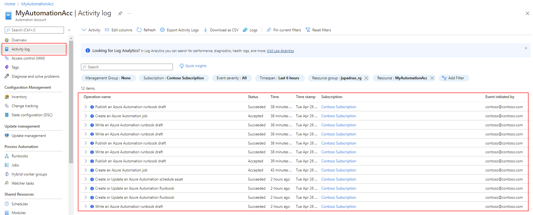 Screenshot of the activity log for an Azure Automation account.