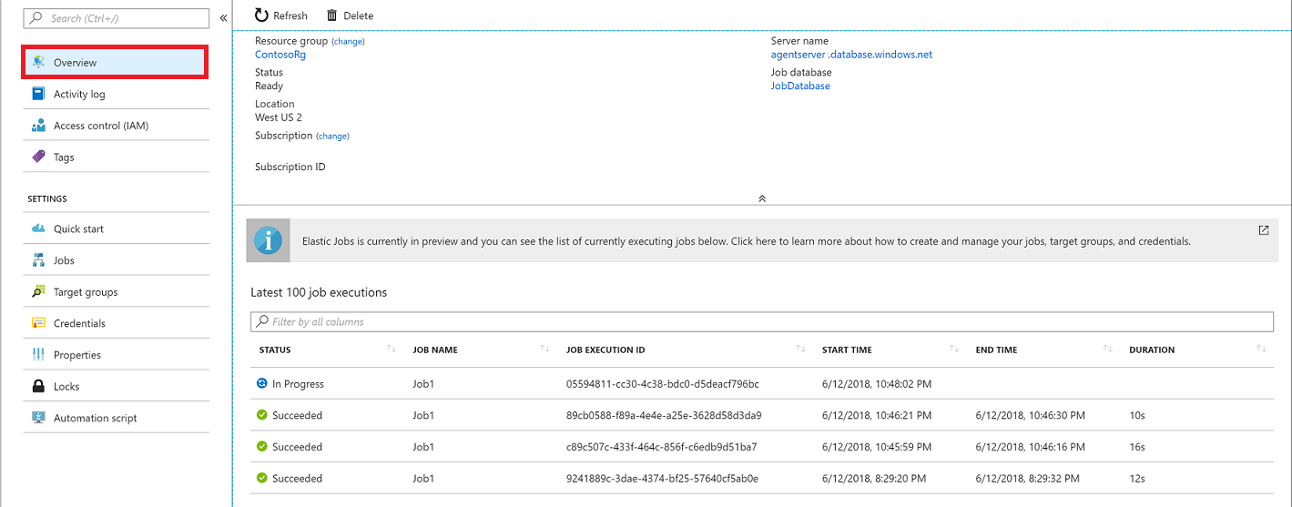 Screenshot of the Overview section for elastic jobs where you can monitor job execution.