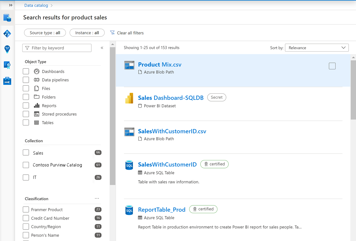 Screenshot of Microsoft Purview Data Catalog search results displaying a results for the product sales search, including .csv files and Azure SQL Tables.