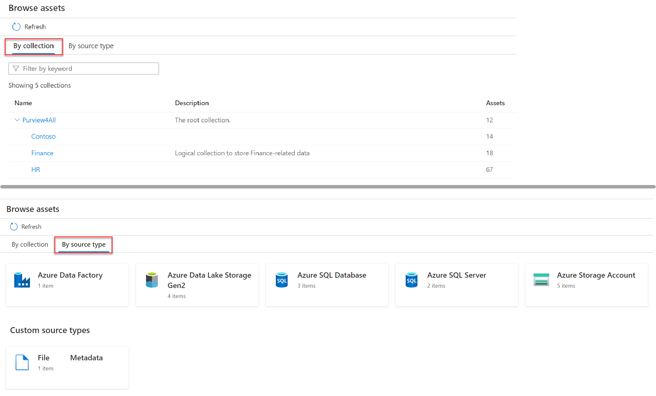 Screenshot of Microsoft Purview Governance Portal interface, displaying search by collection or source type interface options.