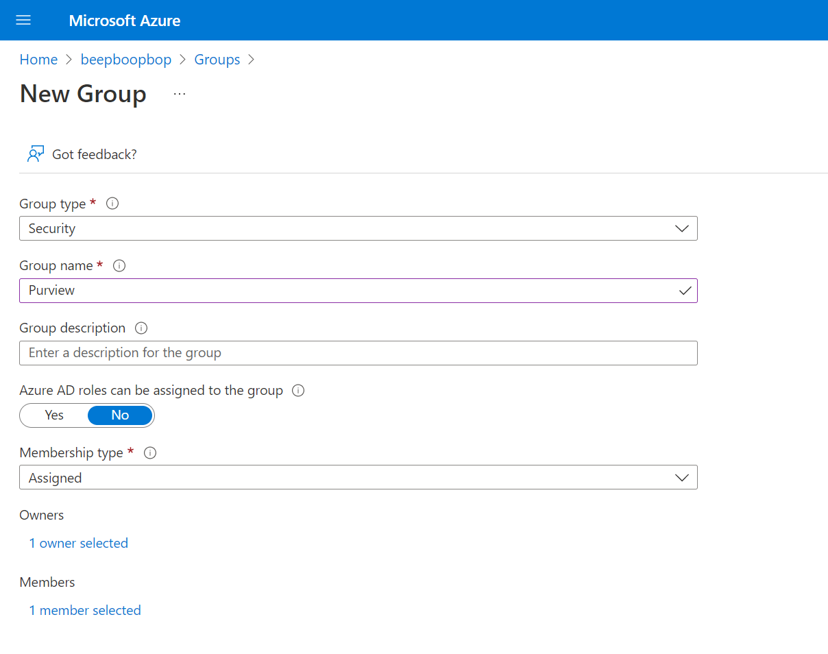 Screenshot of Microsoft Entra ID interface creating Security Group.