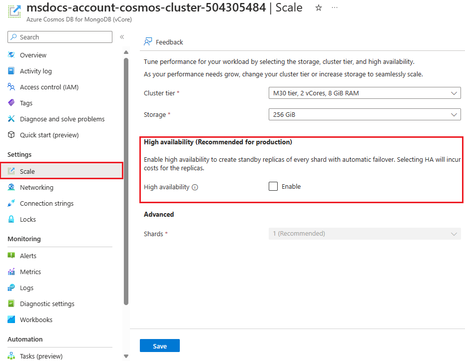 Screenshot of the cluster's high availability settings.