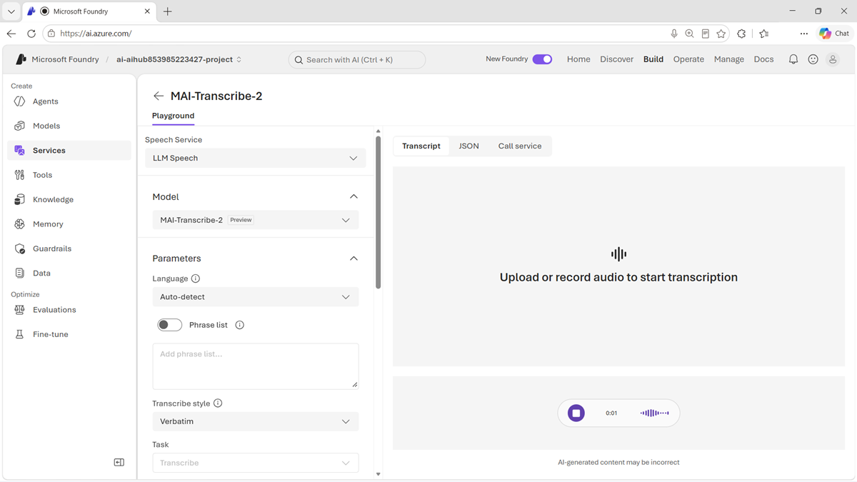 Screenshot of an MAI-Transcribe model in the Foundry playground.