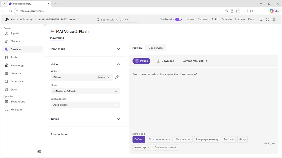 Screenshot of an MAI-Voice model in the Foundry playground.