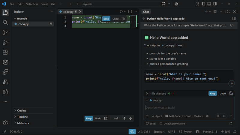 Screenshot of the MAI Code model in GitHub Copilot.