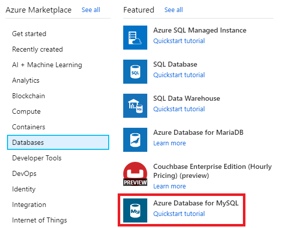 Image showing the Azure Database for MySQL item in the Azure Marketplace