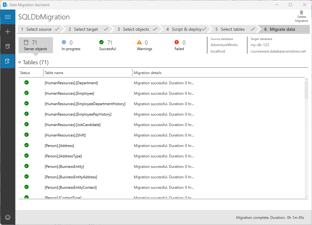 Screenshot showing the migration results on Data Migration Assistant.