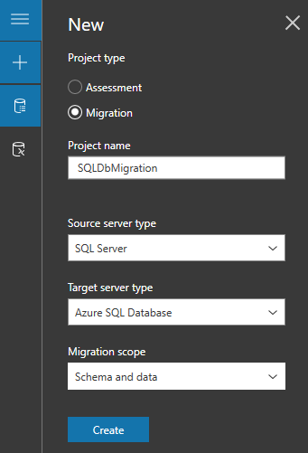 Screenshot showing how to initiate a new migration project on Data Migration Assistant.